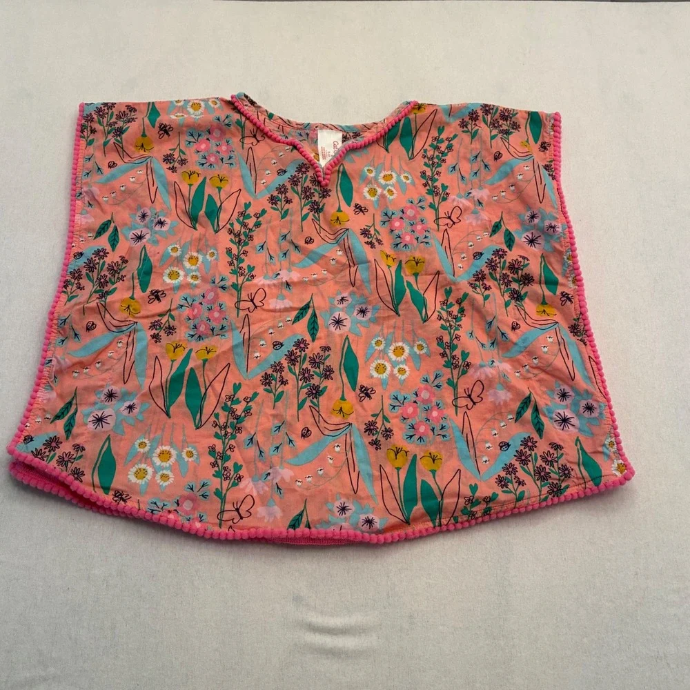 Cat & Jack Girls Peach Pink Floral Pom Pom Swim Cover Up Top 2T-3T